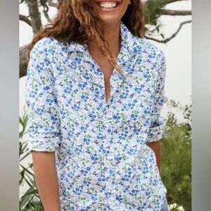 Frank & Eileen Barry Signature Crinkle Cotton Button Up Shirt Blue-Green Floral